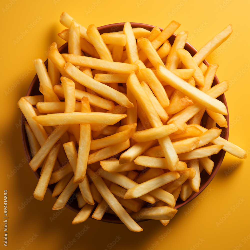 Top view of French fries on pastel background created with Generative Ai Top view of French fries on pastel background created with Generative Ai