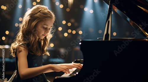 A girl performing on stage and is getting ready to play the piano, piano and microphone, a live performance, young and talented