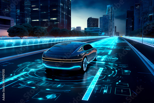 A futuristic electric car on a road with glowing blue digital patterns, illustrating advanced autonomous driving technology in a modern city at night