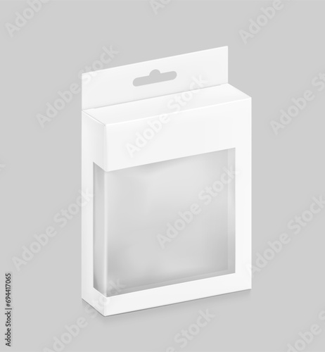 White package box with hang slot and transparent window mockup for electronic accessories. Half side view. Vector illustration isolated on grey background. Ready and simple to use for your design. 