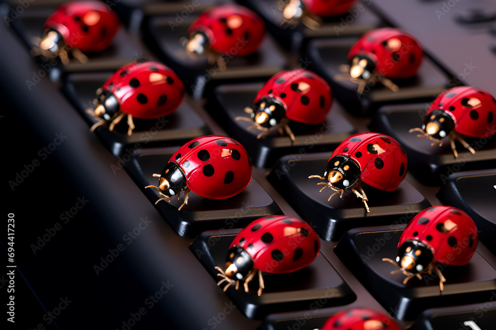 Bug in computer red ladybugs with black dots on a black computer keyboard. The bugs are