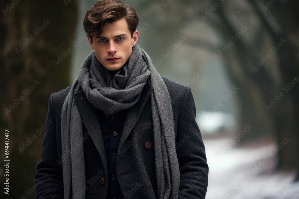 Classic male model in a woolen overcoat and scarf for winter Classic male model in a woolen overcoat and scarf for winter