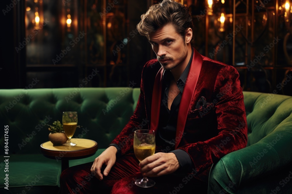Dapper male model in a velvet smoking jacket at a lounge - obrazy, fototapety, plakaty 