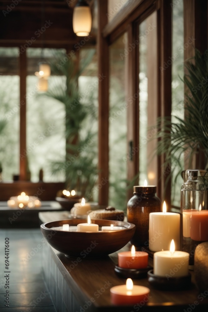 Close-up of a lot of burning scented candles, beauty treatment items for spa procedures in a beauty salon. Skin care, Spa, youth, bathroom, relaxation, relaxation concepts. Close-up of a lot of burning scented candles, beauty treatment items for spa procedures in a beauty salon. Skin care, Spa, youth, bathroom, relaxation, relaxation concepts.