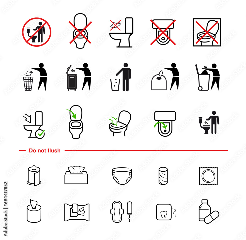 Flush toilet icon set. The outline icons are well scalable and editable. Contrasting elements are good for different backgrounds. Ideal for use in design, packaging, etc. EPS10. Flush toilet icon set. The outline icons are well scalable and editable. Contrasting elements are good for different backgrounds. Ideal for use in design, packaging, etc. EPS10.