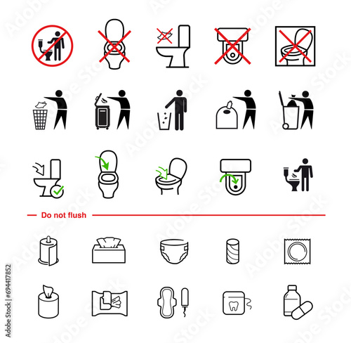 Flush toilet icon set. The outline icons are well scalable and editable. Contrasting elements are good for different backgrounds. Ideal for use in design, packaging, etc. EPS10.