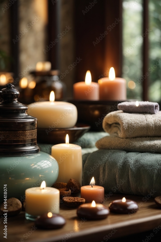 Close-up of a lot of burning scented candles in a beauty salon. Skin care, Spa, youth, bathroom, relaxation, relaxation concepts. Close-up of a lot of burning scented candles in a beauty salon. Skin care, Spa, youth, bathroom, relaxation, relaxation concepts.