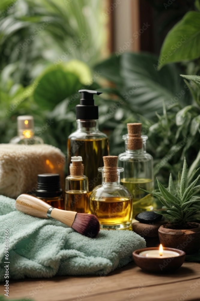 Beauty spa accessories on the background of green plants in the beauty salon. Beauty spa accessories on the background of green plants in the beauty salon.