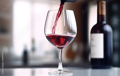 Pouring red wine from bottle into glass on blurred white kitchen background soft light created with Generative Ai