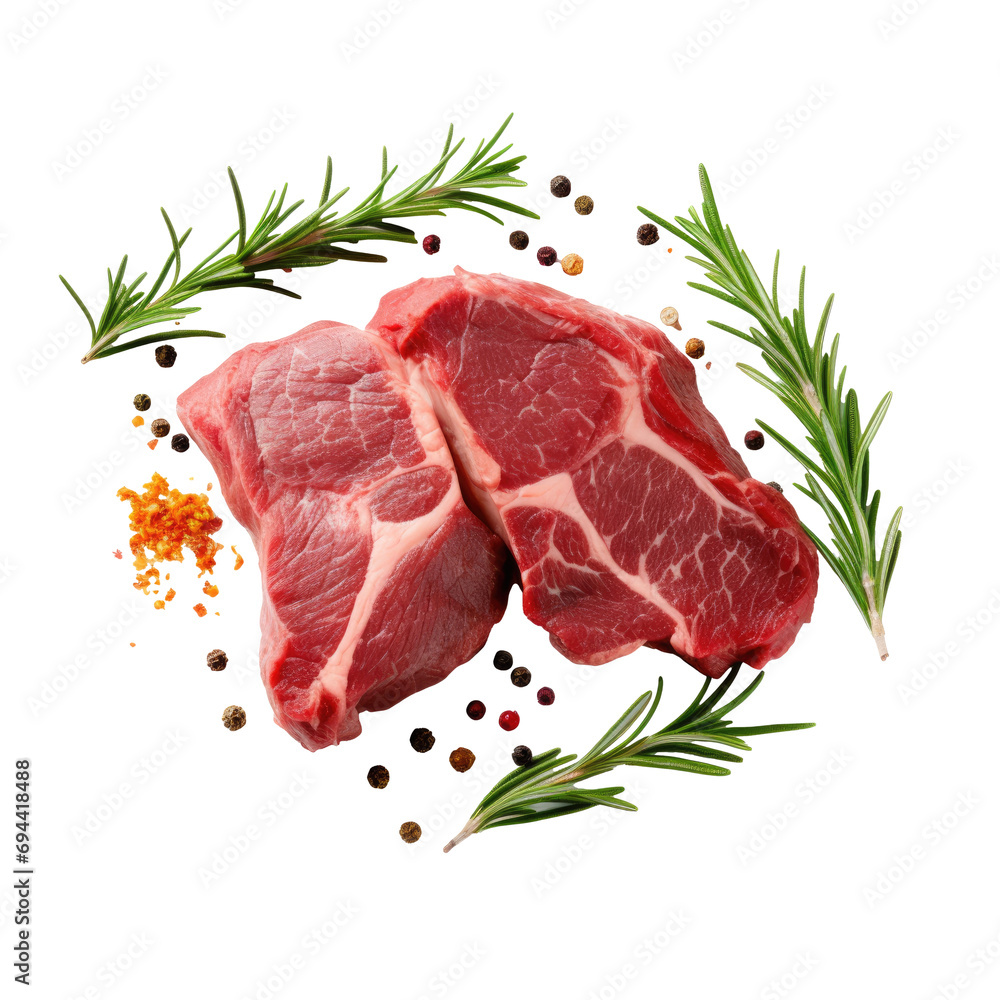 Fresh raw meat with rosemary and spices on a white background