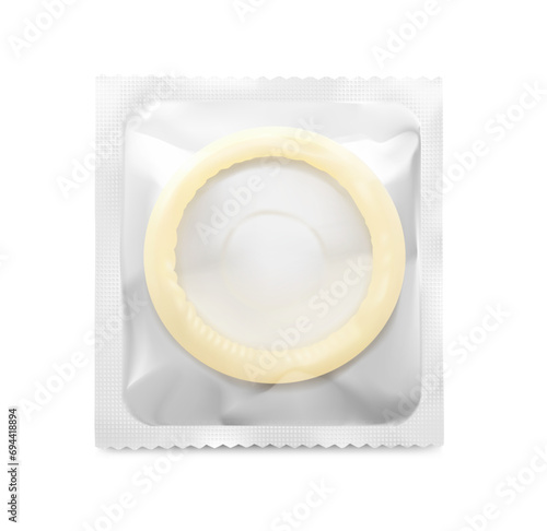 Realistic condom in packaging mockup. Vector illustration  isolated on white background. Ready and simple to use for your design. EPS10.