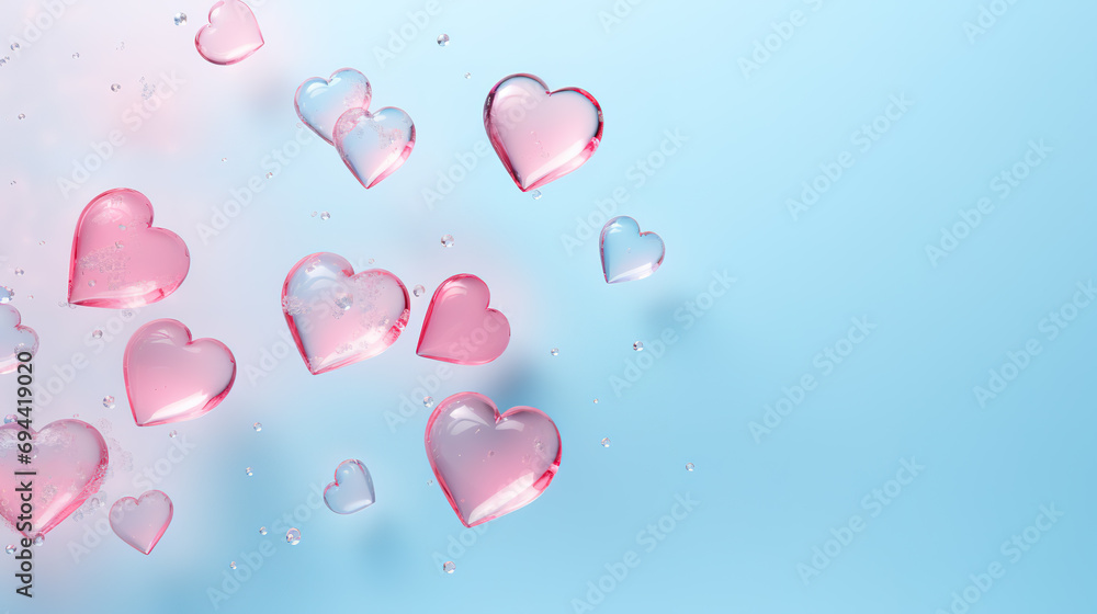 pink hearts floating in the air on a blue background.