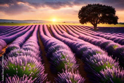 Beautiful scene of lavender fields A lone tree with a summer sunset