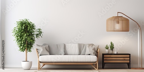 Scandinavian-inspired living room featuring wooden furniture, black lamp, rattan basket, plants, and stylish accessories. Elegant home decor. Template for mock-up poster paintings. © Vusal