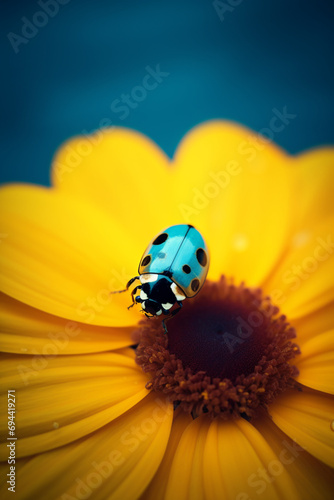 a ladybug close to yellow flower in a colorful background in an odd pattern created with Generative Ai