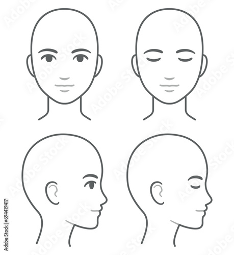 Woman face and head profile diagram (without hair), eyes open and closed. Blank female head template for medical infographic. Isolated vector illustration.