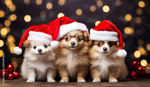 cute three dog in Santa Claus hat