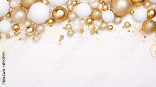 Christmas background with white and gold baubles and golden decorations.