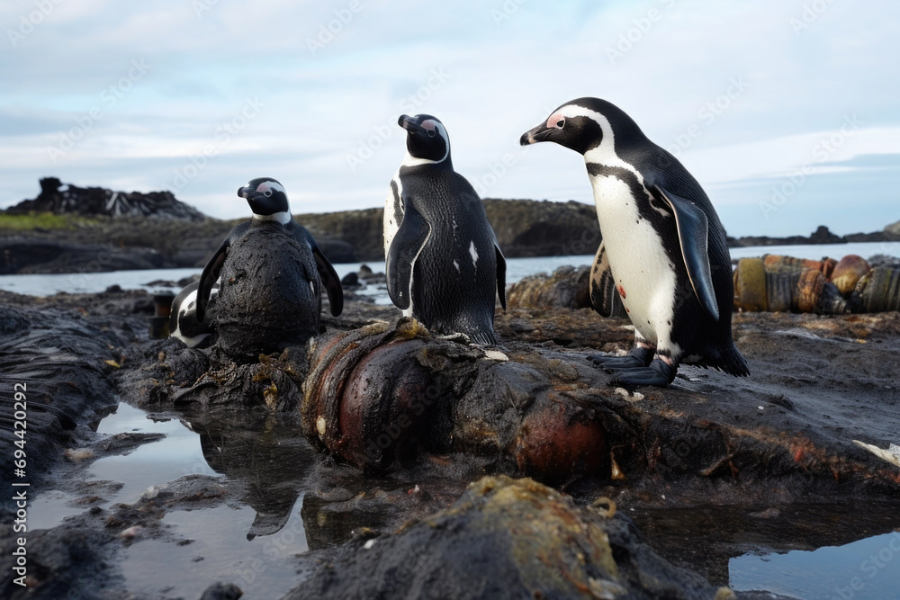 Obraz premium Penguins next to the waste pipe, environmental pollution, and destroying the natural wild life habitat concept