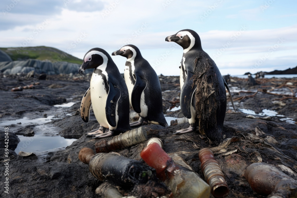 Naklejka premium Penguins next to the waste pipe, environmental pollution, and destroying the natural wild life habitat concept