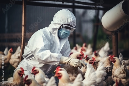 Veterinarian in protective equipment inspecting the poultry at chicken farm,  bird flu infection photo
