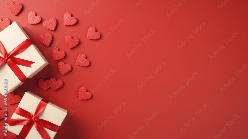 Valentine's day background with gift box and hearts on red background Valentine's day background with gift box and hearts on red background