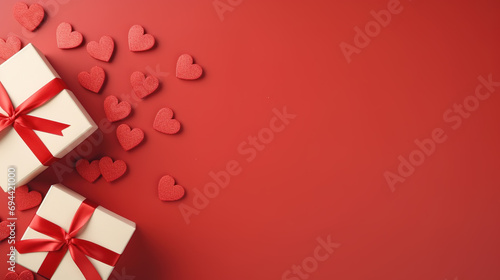 Valentine's day background with gift box and hearts on red background