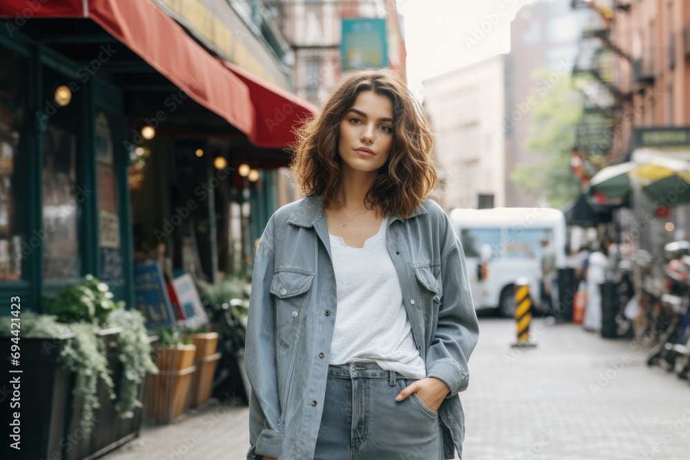 Female model in a casual street look with a denim jacket and sneakers