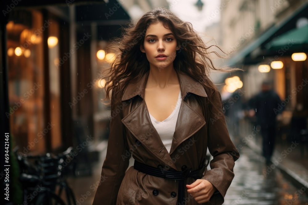 Female model in a classic trench coat on a rainy city street