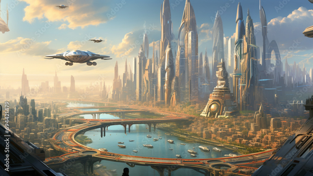 City of the future. Future megacity. Transportation of the future. Technologies in the future. Flying taxis. Artificial intelligence in the future. Smart cities. Robots. Robotics. - obrazy, fototapety, plakaty 