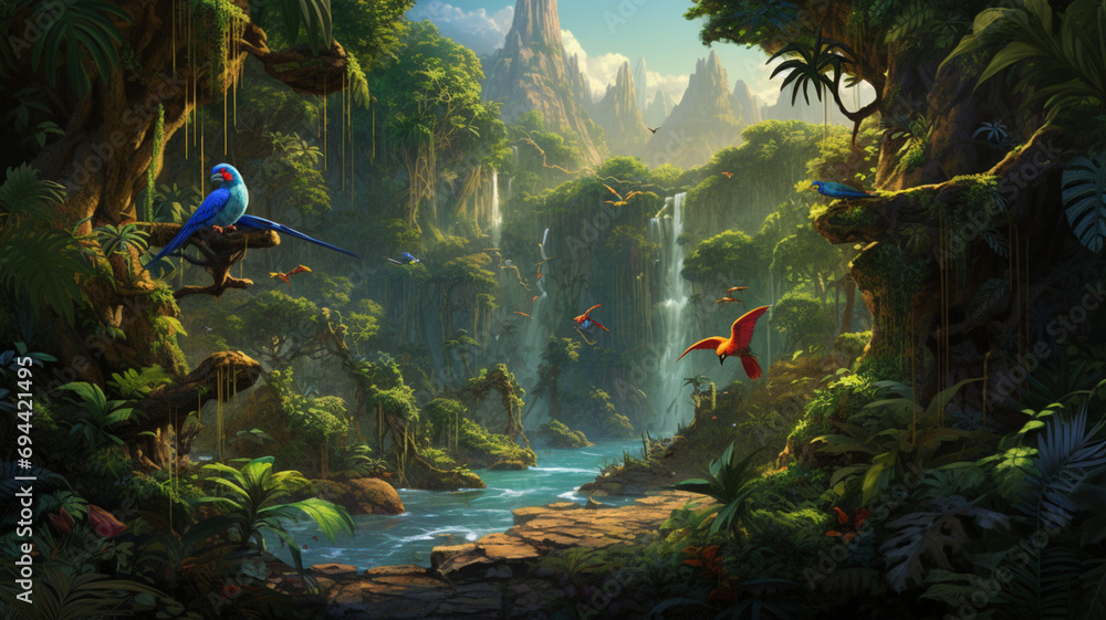Jungle. Jungle with a waterfall. Parrots flying in the jungle. Tropical forest. Tropics.