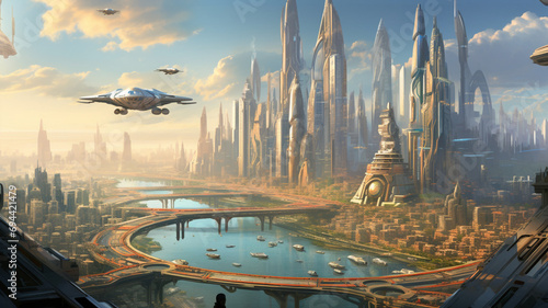 City of the future. Future megacity. Transportation of the future. Technologies in the future. Flying taxis. Artificial intelligence in the future. Smart cities. Robots. Robotics. photo