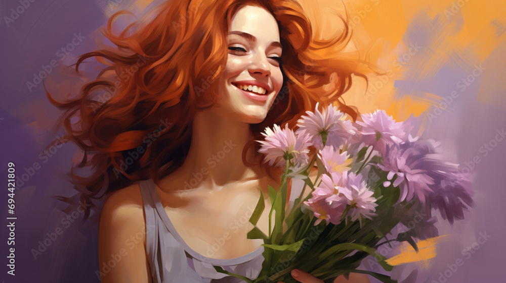 Portrait of a girl with flowers. The girl is laughing. Portrait of a laughing girl with flowers. Girl with chrysanthemums. Portrait of a girl on a purple background. A girl with red hair. 