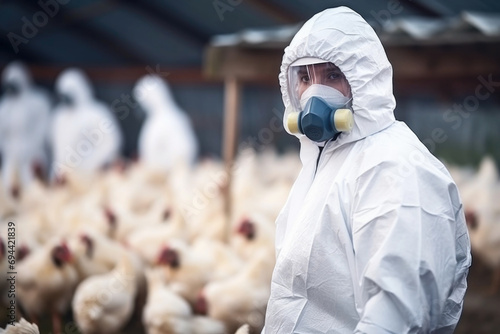 Veterinarian in protective equipment inspecting the poultry at chicken farm, bird flu infection