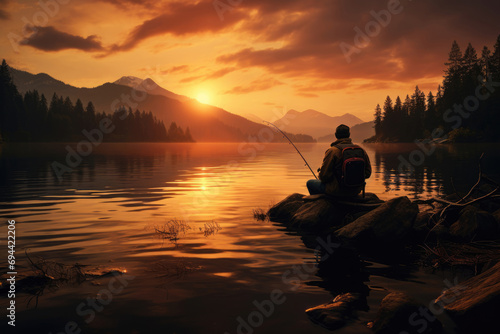 Fisherman with a fishing rod catches fish at sunset