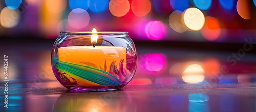 A candle memorializes with colorful glass in the background.