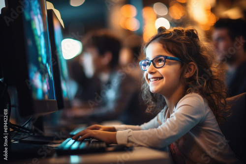 Little girl at the computer, concept of learning or working online
