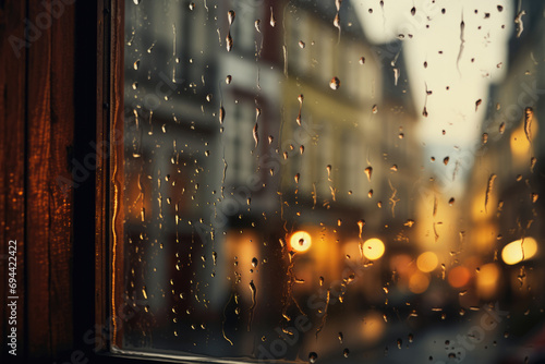 Glass window with drops on the background of a blurred city