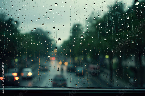 Window with raindrops and urban bokeh
