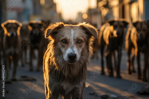 Dirty wet abandoned stray dogs on the street