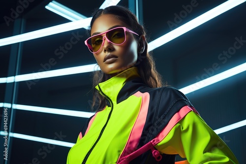 Female model in a sporty athleisure outfit with neon accents photo