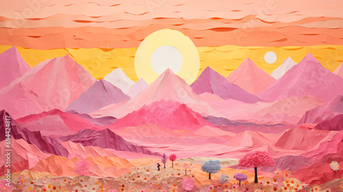 紙を重ねたアート、夕陽（朝日）が照らしてピンクに染まった深い山脈と谷間、花畑 photo