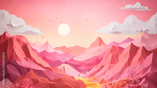 紙を重ねたアート、夕陽（朝日）が照らしてピンクに染まった深い山脈と谷間、花畑 photo