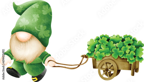 cheerful gnome in a green hat pulls a wooden cart overflowing with vibrant shamrocks against ,Cute gnome for St Patrick
