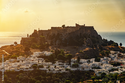 Acropolis of Lindos and city on the island of Rhodes in Greece.