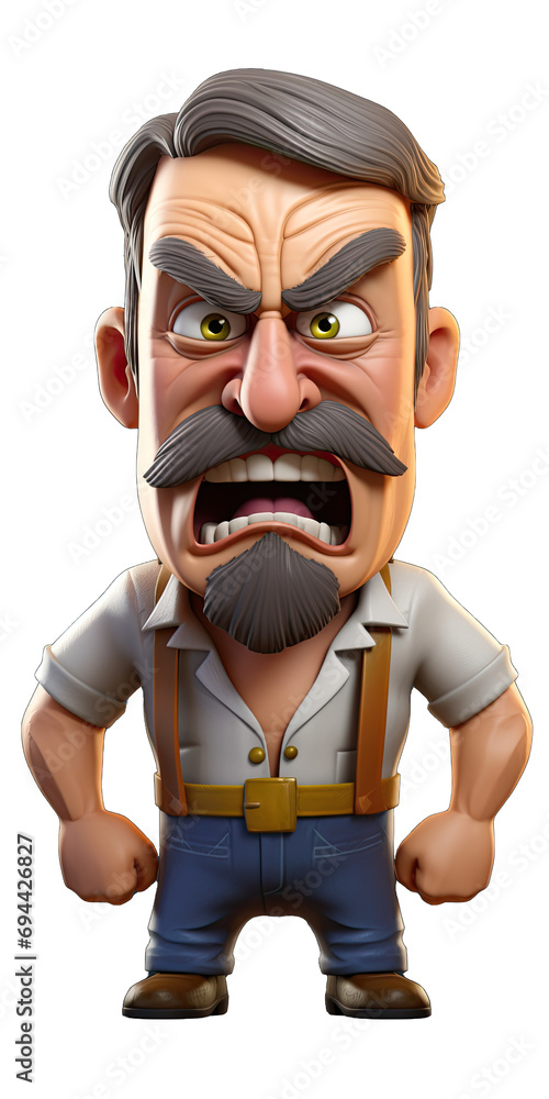 A Farmer With a Plow Furious Emoji Face Character. Isolated on a Transparent Background. Cutout PNG.