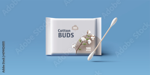 Ear cotton buds package design with 3d cotton flower blossom and cotton bud sample, eco cosmetics