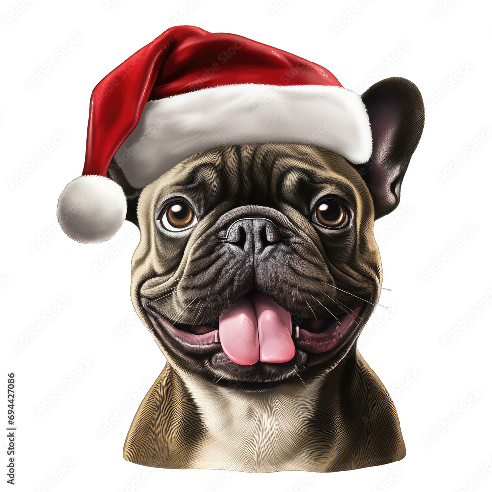 A French Bulldog With a Santa Hat for Halloween Emoji Face Character. Isolated on a Transparent Background. Cutout PNG.