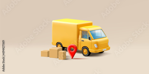 Yellow delivery truck with carton boxes and red pin geo tag icon, 3d render illustration