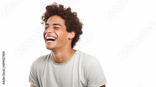 Young Brazilian man isolated on white background laughing isolated on white background,. Created using Generative AI Technology